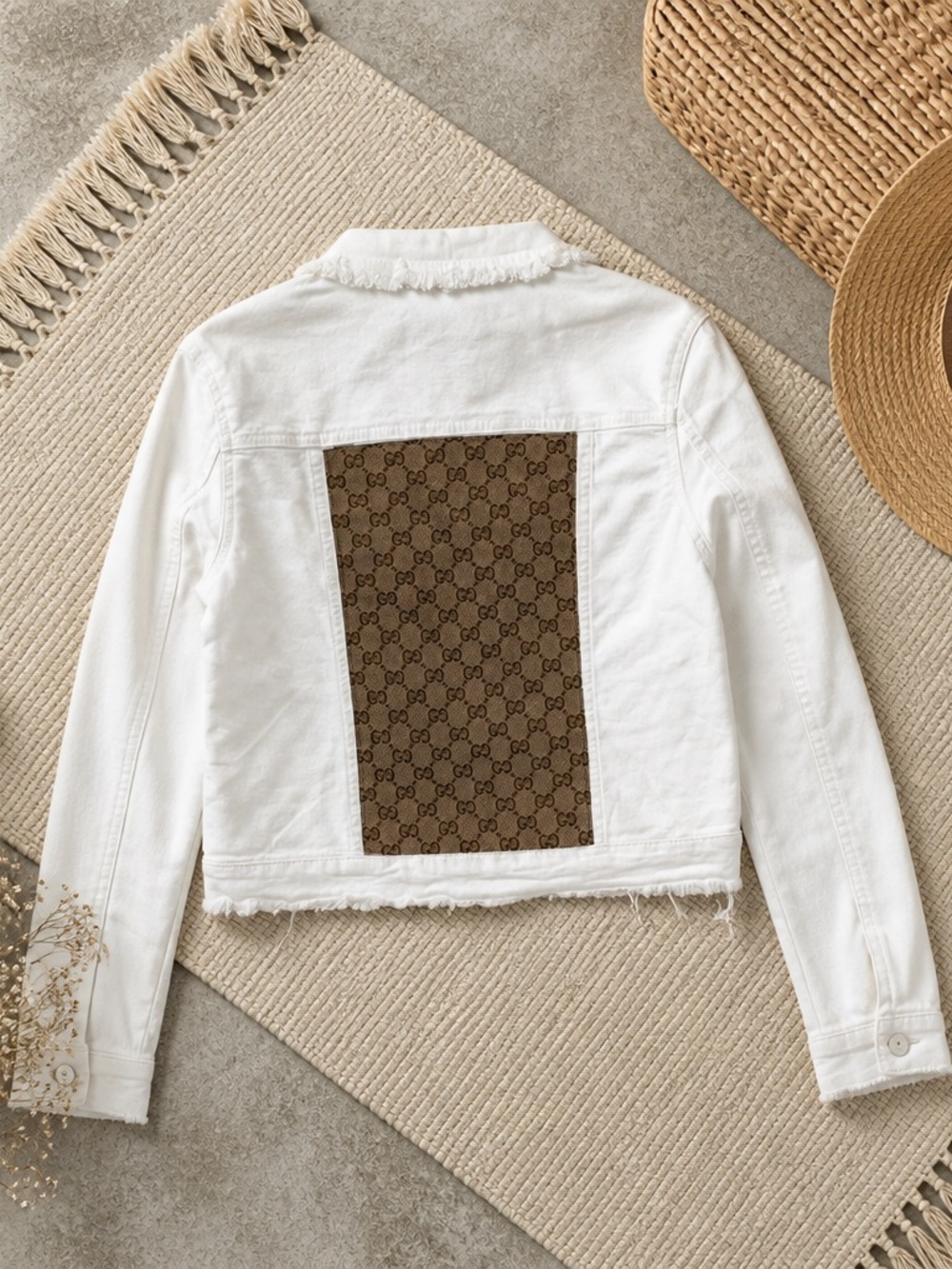Upcycled Inspired White Denim Jacket with Brown Logo Back Panel